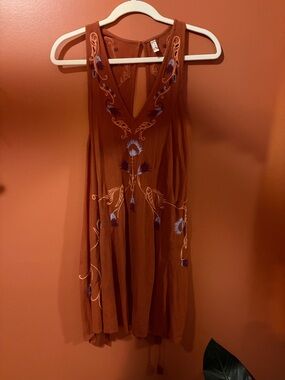Free People Rust Embroidered V-Neck Mini Dress